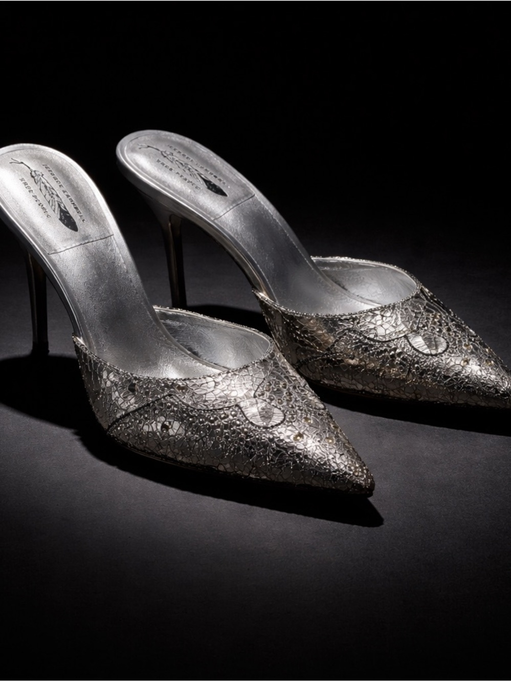 Jeffrey Campbell Metallic Silver Lace-Overlay Pointed Mules
